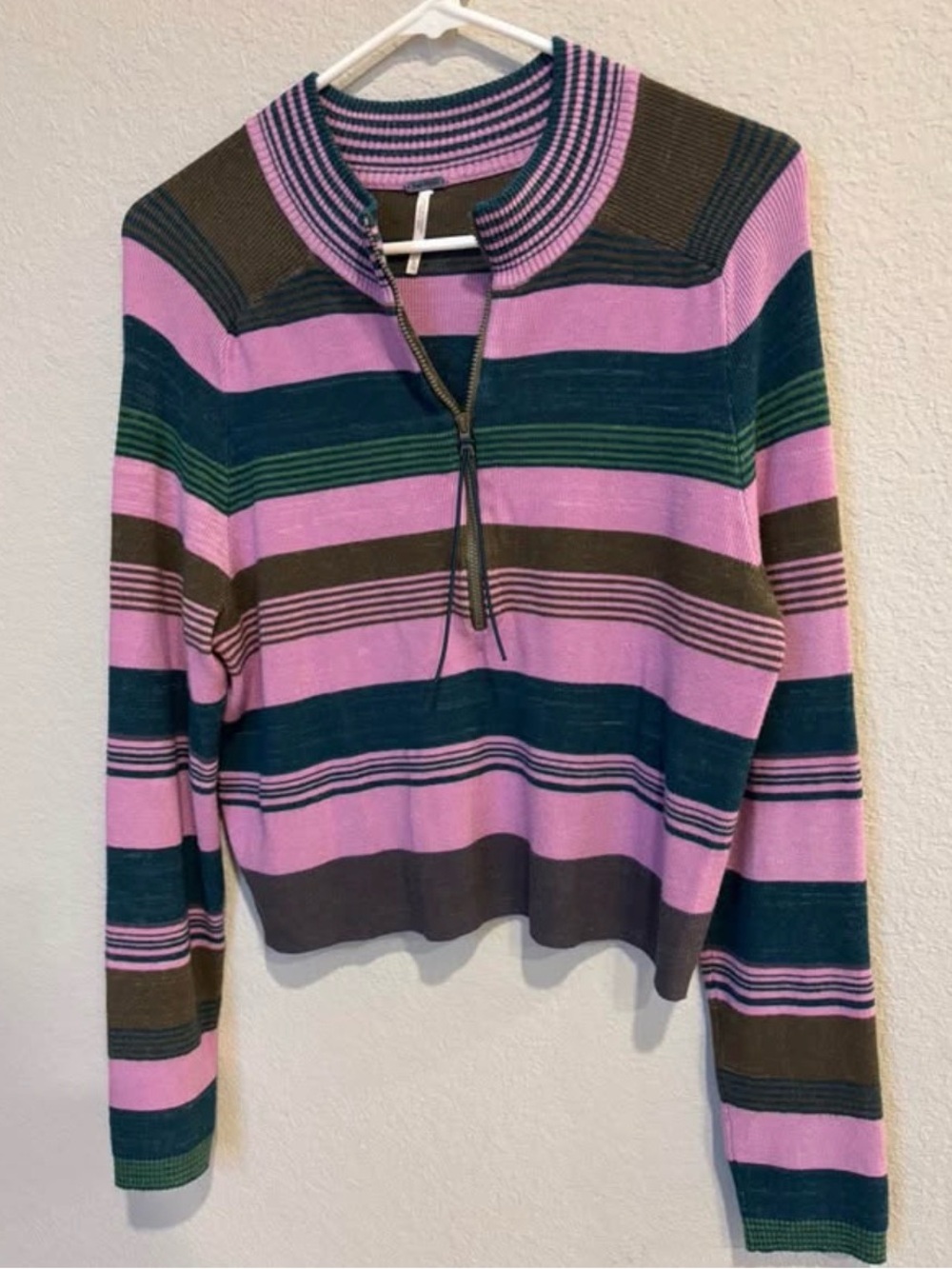 Free People Striped Half-Zip Sweater in Pink, Green, Brown, and Navy